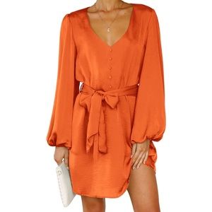 NWT Pretty Garden Long Sleeve Satin V Neck Dress Size L